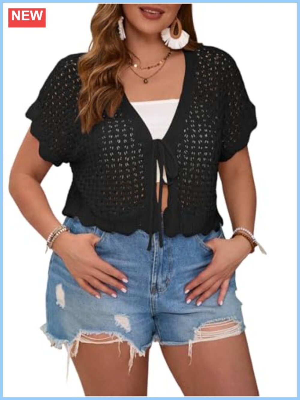 Plus Size Tie Front Short Sleeve V-Neck Scallop Trim Cardigan Lightweight Knit